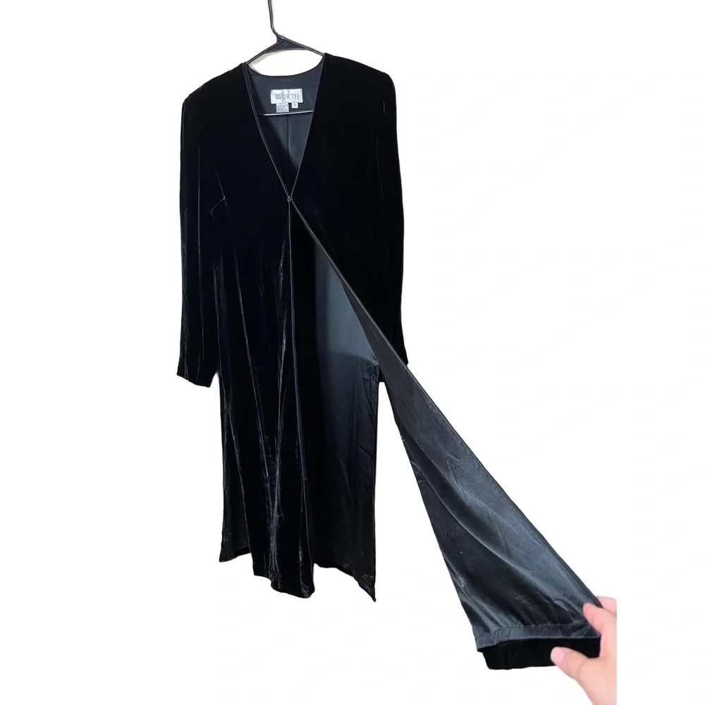 Worth Vintage‎ 90s Black Long Midi Velvet OpenFront Duster Jacket Size 6 - Picture 4 of 9